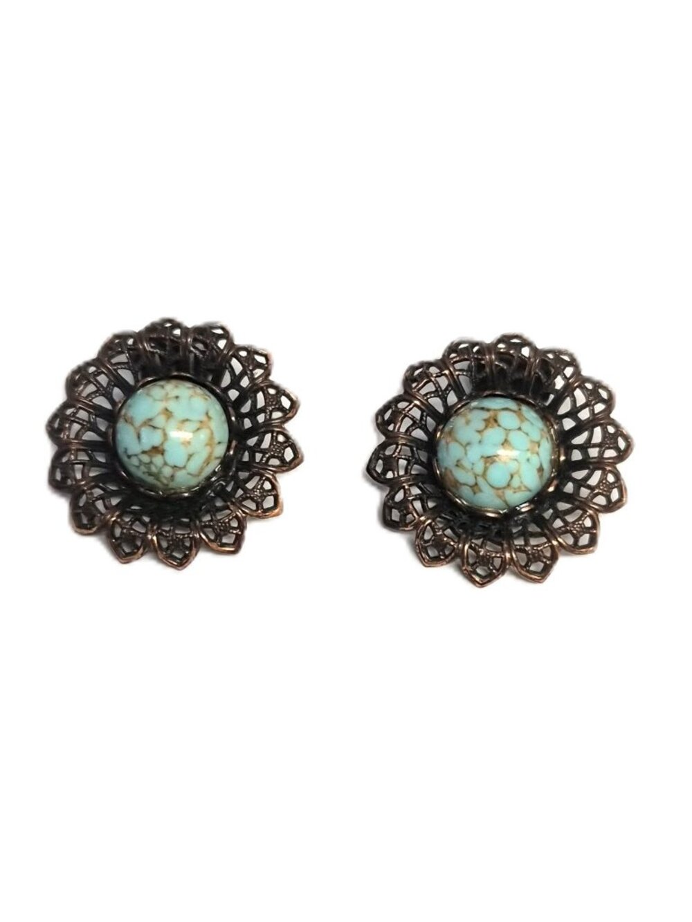 VTG Copper Filigree Clip On Earrings Faux Turquoise Statement Boho Midcentury